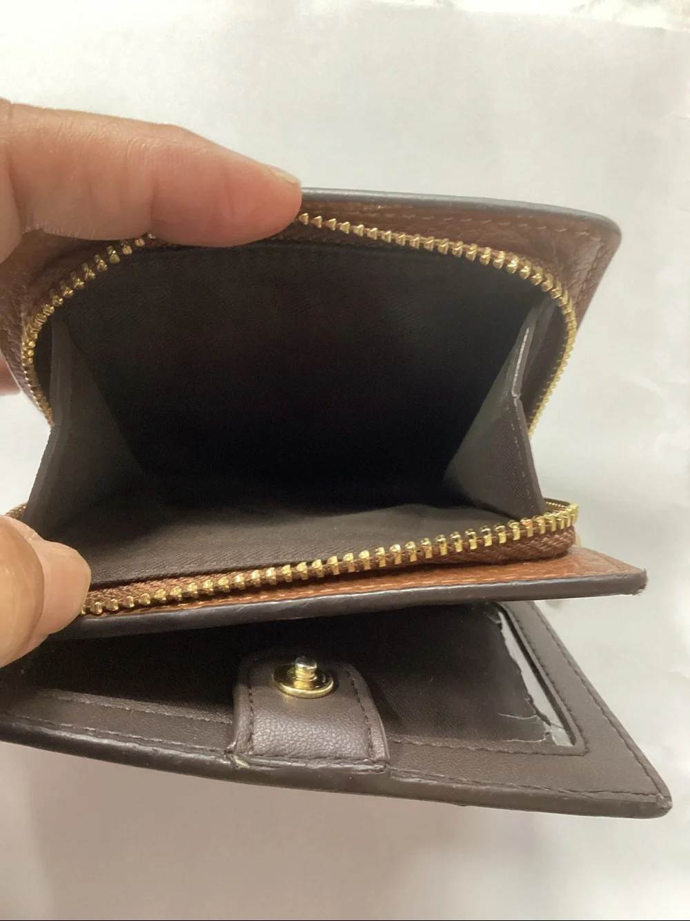 Coach Pebbled Leather Compact Wallet in Chestnut Brown with Gold Accents